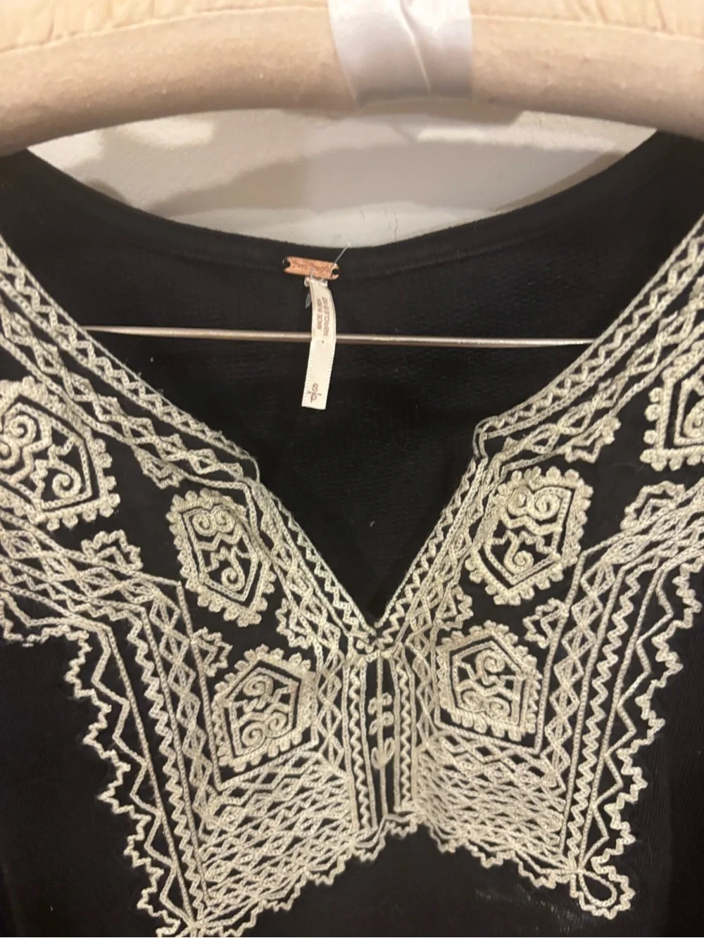 Free People Black Sweatshirt with Cream Embroidered V-Neck